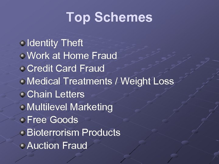 Top Schemes Identity Theft Work at Home Fraud Credit Card Fraud Medical Treatments /