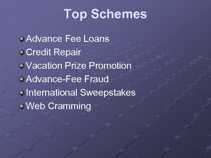 Top Schemes Advance Fee Loans Credit Repair Vacation Prize Promotion Advance-Fee Fraud International Sweepstakes