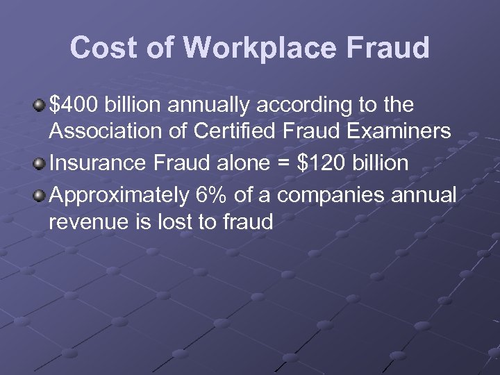 Cost of Workplace Fraud $400 billion annually according to the Association of Certified Fraud