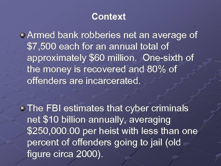 Context Armed bank robberies net an average of $7, 500 each for an annual