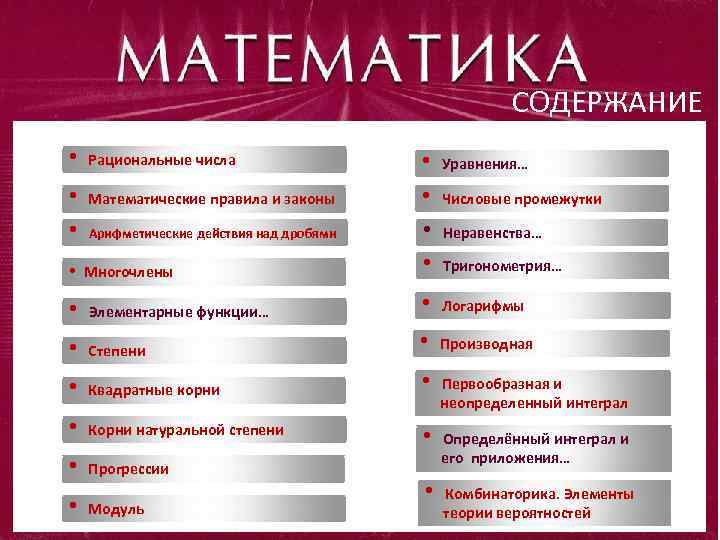 СОДЕРЖАНИЕ • Рациональные числа • • Математические правила и законы • Многочлены • •