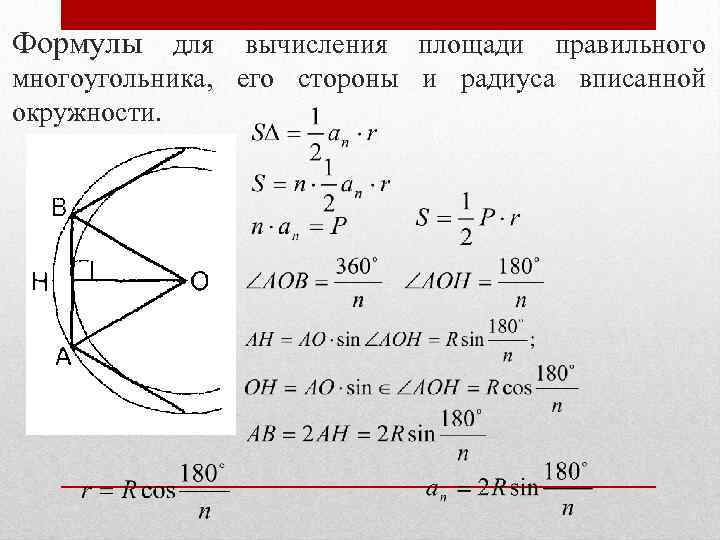 Формулы для вычисления площади правильного многоугольника, его стороны и радиуса вписанной окружности. (1) 