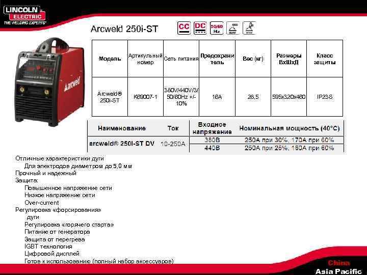 Arcweld 250 i-ST Модель Arcweld® 250 i-ST Артикульный Предохрани Сеть питания номер тель Вес