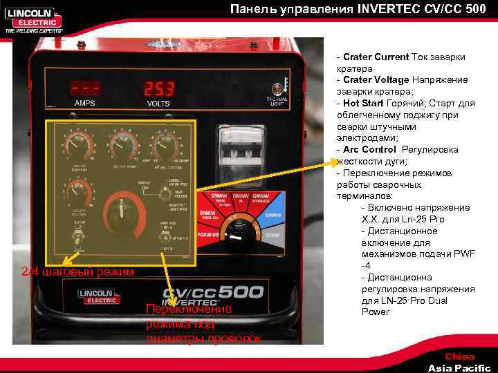 Панель управления INVERTEC CV/CC 500 2/4 шаговый режим Переключение режима под диаметры проволок -