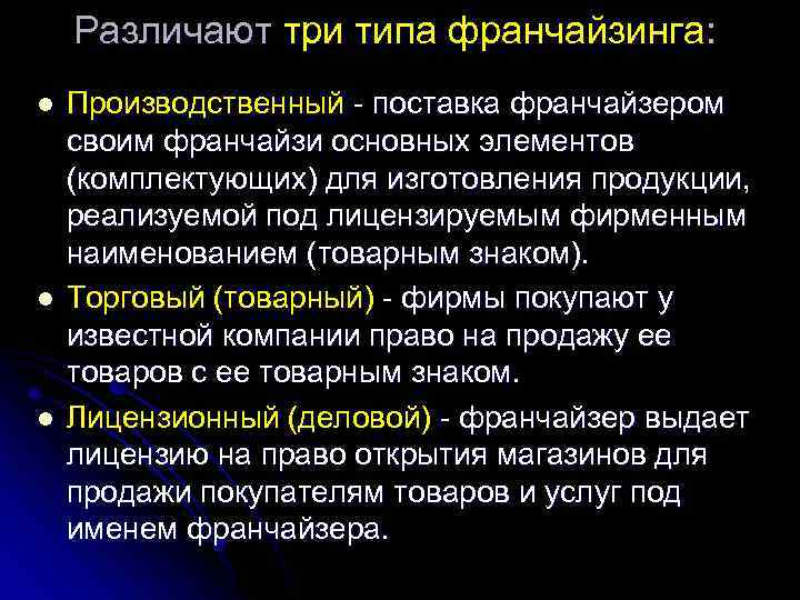 Различают три типа франчайзинга: l l l Производственный - поставка франчайзером своим франчайзи основных