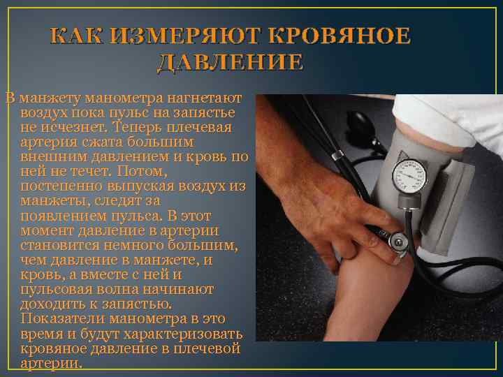 КАК ИЗМЕРЯЮТ КРОВЯНОЕ ДАВЛЕНИЕ В манжету манометра нагнетают воздух пока пульс на запястье не