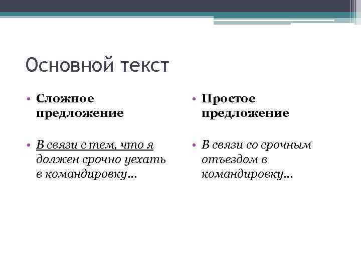 Основной текст • Сложное предложение • Простое предложение • В связи с тем, что