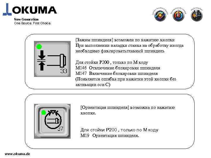New Generation One Source. First Choice. [Зажим шпинделя] возможен по нажатию кнопки При выполнении
