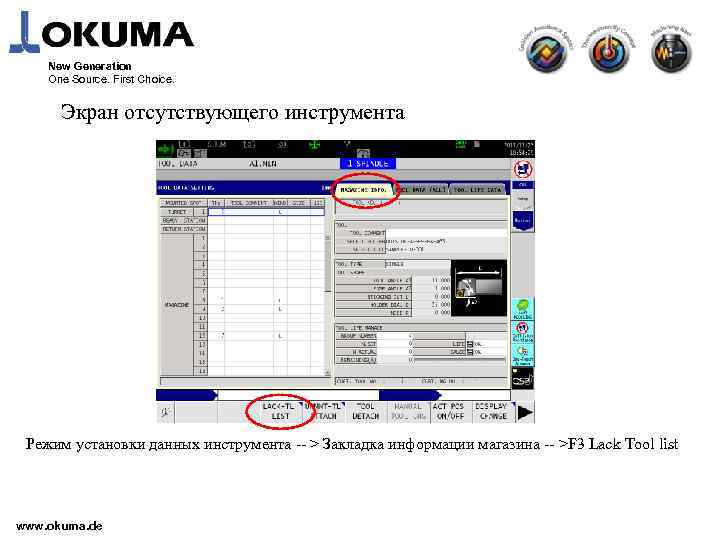New Generation One Source. First Choice. Экран отсутствующего инструмента Режим установки данных инструмента --