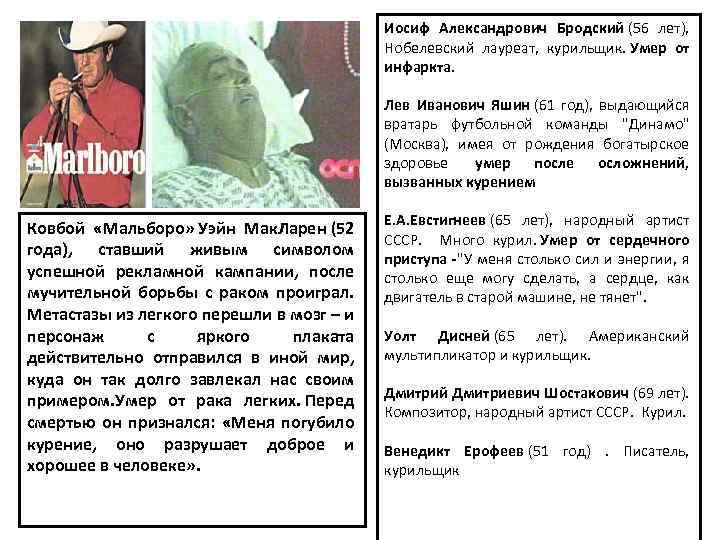 Иосиф Александрович Бродский (56 лет), Нобелевский лауреат, курильщик. Умер от инфаркта. Лев Иванович Яшин