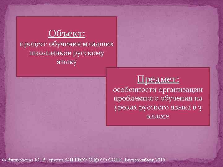 Объект: процесс обучения младших школьников русскому языку Предмет: особенности организации проблемного обучения на уроках