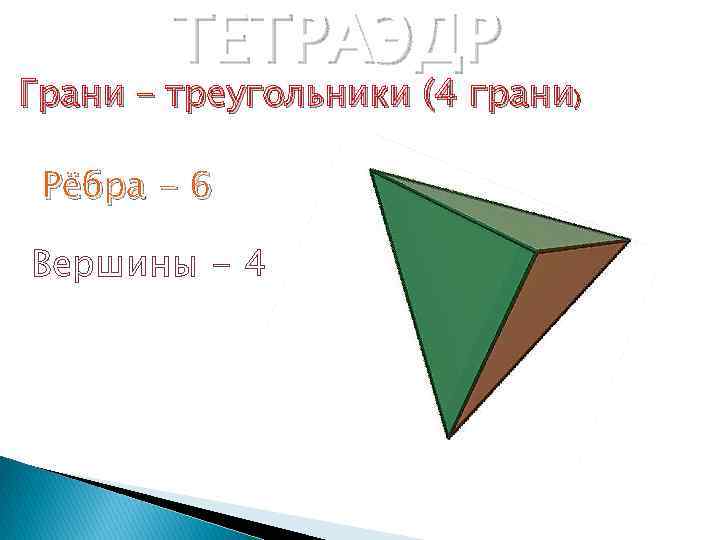 ТЕТРАЭДР Грани – треугольники (4 грани) Рёбра - 6 Вершины - 4 