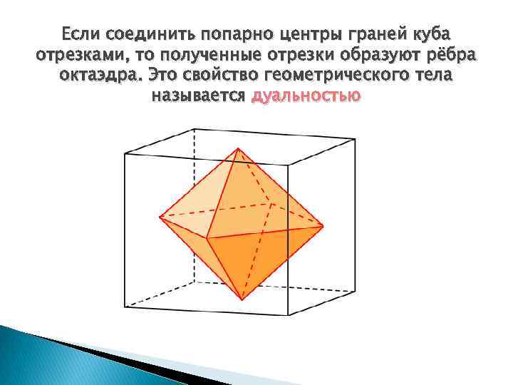 Если соединить попарно центры граней куба отрезками, то полученные отрезки образуют рёбра октаэдра. Это