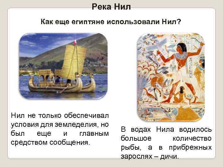 Река Нил Как еще египтяне использовали Нил? Нил не только обеспечивал условия для земледелия,