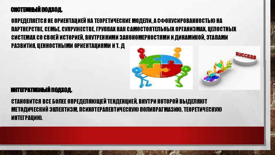 СИСТЕМНЫЙ ПОДХОД. ОПРЕДЕЛЯЕТСЯ НЕ ОРИЕНТАЦИЕЙ НА ТЕОРЕТИЧЕСКИЕ МОДЕЛИ, А СФОКУСИРОВАННОСТЬЮ НА ПАРТНЕРСТВЕ, СЕМЬЕ, СУПРУЖЕСТВЕ,