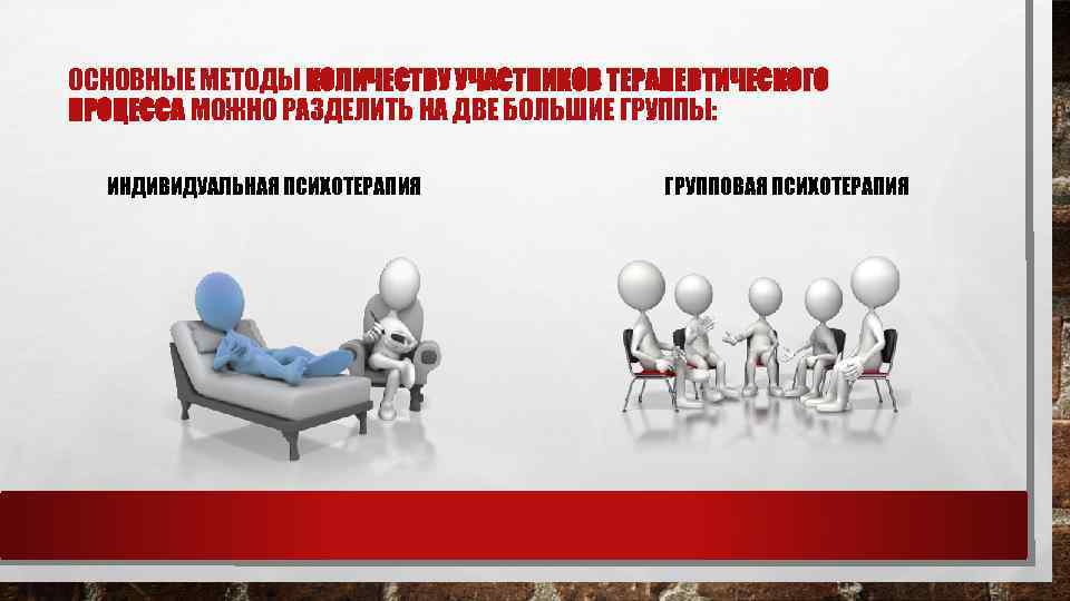 ОСНОВНЫЕ МЕТОДЫ КОЛИЧЕСТВУ УЧАСТНИКОВ ТЕРАПЕВТИЧЕСКОГО ПРОЦЕССА МОЖНО РАЗДЕЛИТЬ НА ДВЕ БОЛЬШИЕ ГРУППЫ: ИНДИВИДУАЛЬНАЯ ПСИХОТЕРАПИЯ