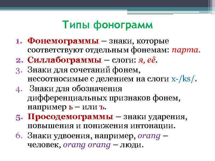 Типы фонограмм 1. Фонемограммы – знаки, которые соответствуют отдельным фонемам: парта. 2. Силлабограммы –