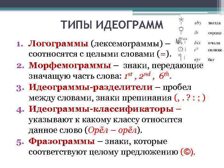 ТИПЫ ИДЕОГРАММ 1. Логограммы (лексемограммы) – соотносятся с целыми словами (=). 2. Морфемограммы –