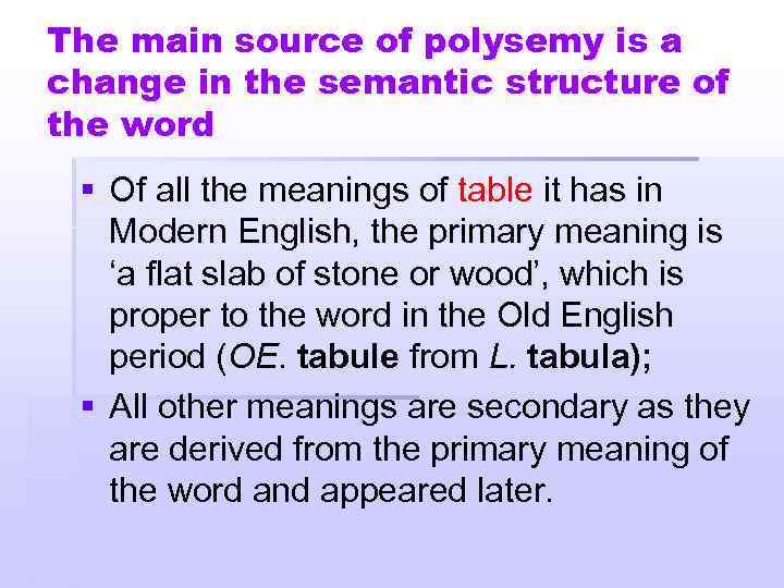 The main source of polysemy is a change in the semantic structure of the