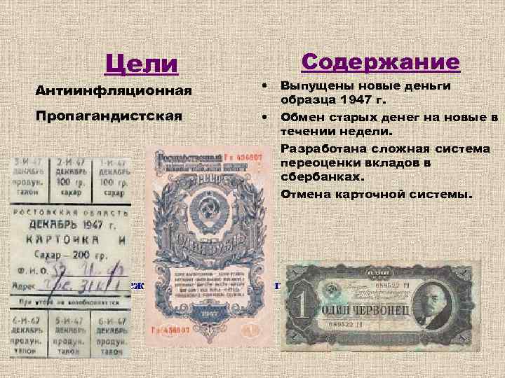Цели Антиинфляционная • Пропагандистская • • • Содержание Выпущены новые деньги образца 1947 г.