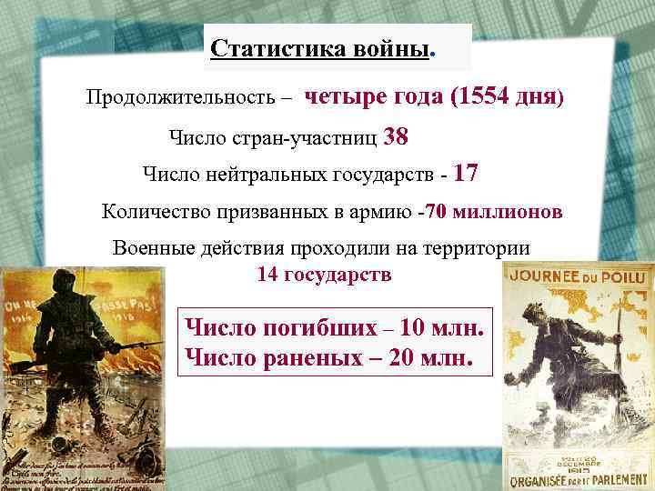 Статистика войны. Продолжительность – четыре года (1554 дня) Число стран-участниц 38 Число нейтральных государств