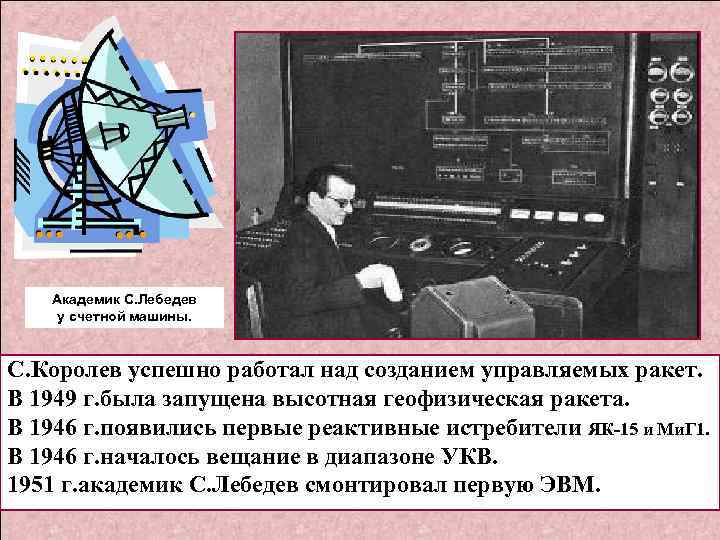 Академик С. Лебедев у счетной машины. С. Королев успешно работал над созданием управляемых ракет.