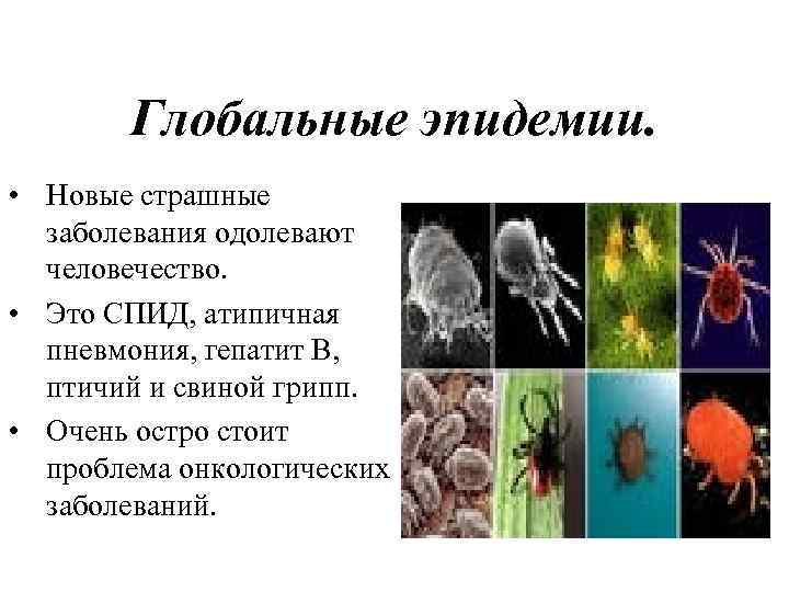 Глобальные эпидемии. • Новые страшные заболевания одолевают человечество. • Это СПИД, атипичная пневмония, гепатит