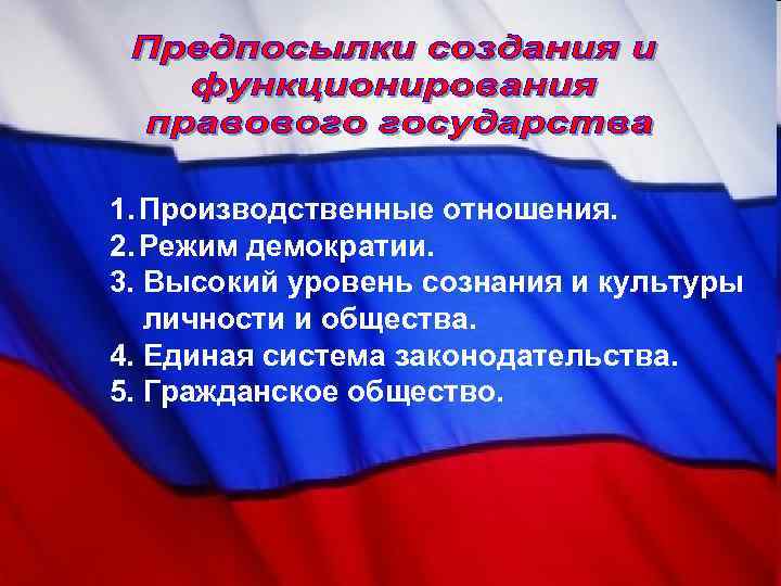 1. Производственные отношения. 2. Режим демократии. 3. Высокий уровень сознания и культуры личности и