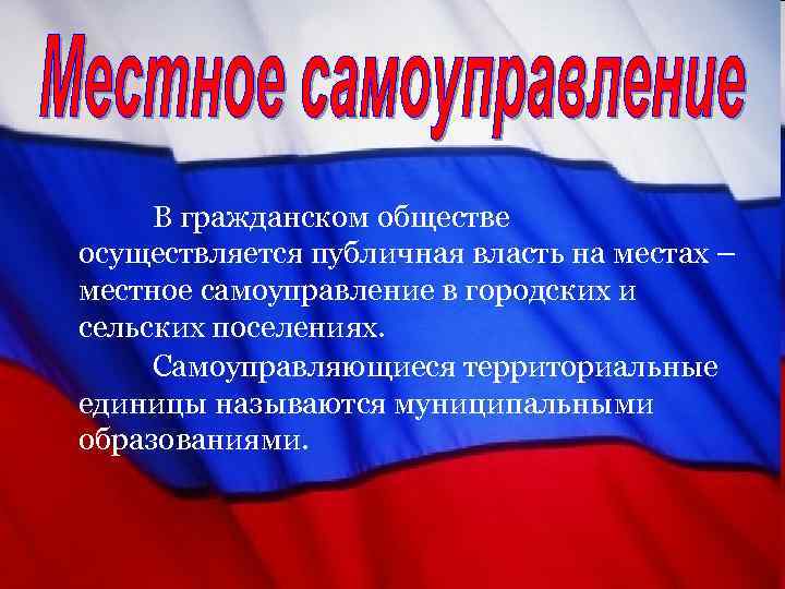 В гражданском обществе осуществляется публичная власть на местах – местное самоуправление в городских и