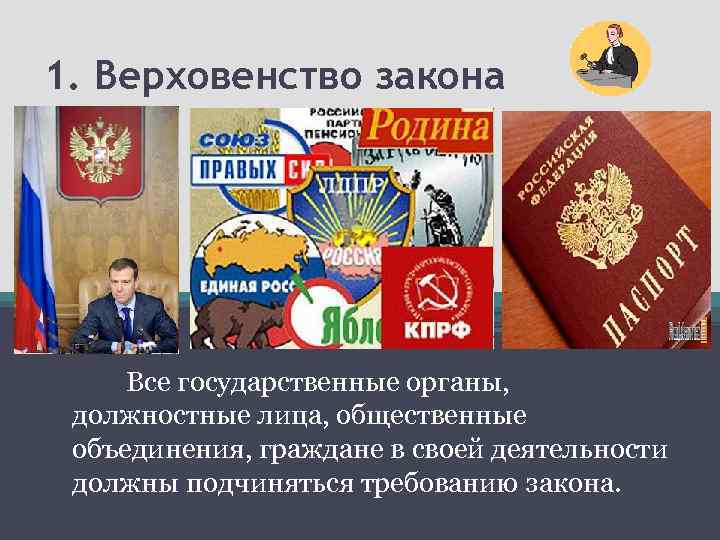 1. Верховенство закона Все государственные органы, должностные лица, общественные объединения, граждане в своей деятельности