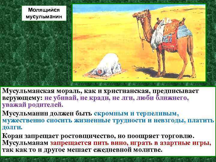 Молящийся мусульманин Мусульманская мораль, как и христианская, предписывает верующему: не убивай, не кради, не