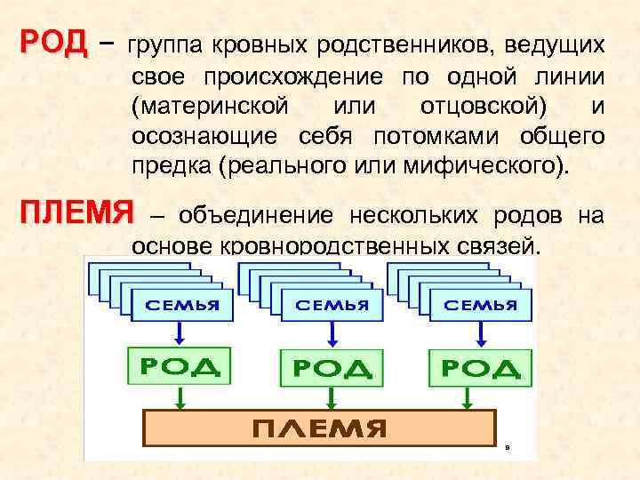 РОД – группа кровных родственников, ведущих свое происхождение по одной линии (материнской или отцовской)