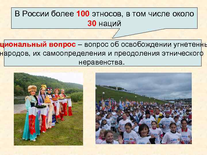 В России более 100 этносов, в том числе около 30 наций циональный вопрос –