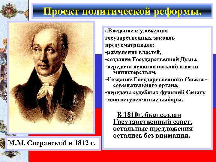 Проект политической реформы. «Введение к уложению государственных законов предусматривало: -разделение властей, -создание Государственной Думы,