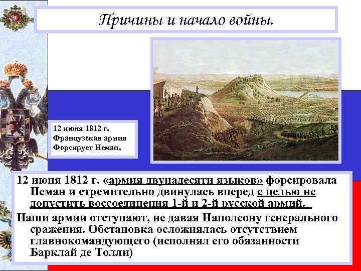 Причины и начало войны. 12 июня 1812 г. Французская армия Форсирует Неман. 12 июня