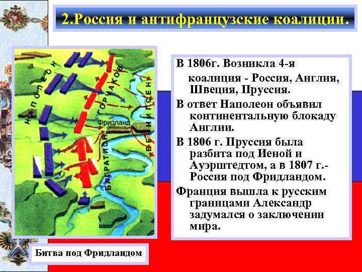 2. Россия и антифранцузские коалиции. В 1806 г. Возникла 4 -я коалиция - Россия,