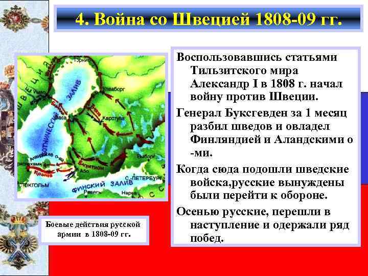 4. Война со Швецией 1808 -09 гг. Боевые действия русской армии в 1808 -09