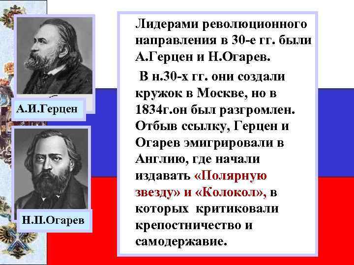 А. И. Герцен Н. П. Огарев Лидерами революционного направления в 30 -е гг. были