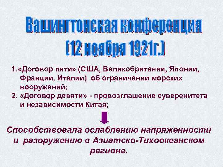 1. «Договор пяти» (США, Великобритании, Японии, Франции, Италии) об ограничении морских вооружений; 2. «Договор
