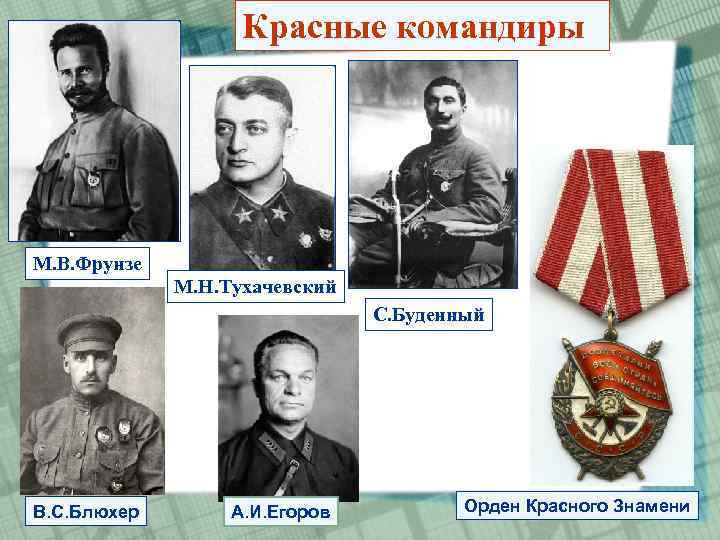 Красные командиры М. В. Фрунзе М. Н. Тухачевский С. Буденный В. С. Блюхер А.