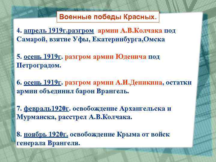 Военные победы Красных. 4. апрель 1919 г. разгром армии А. В. Колчака под Самарой,