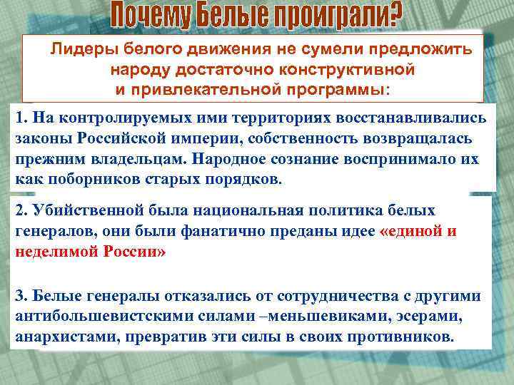  Лидеры белого движения не сумели предложить народу достаточно конструктивной и привлекательной программы: 1.