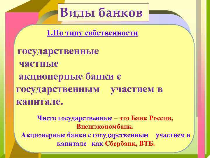 Виды банков 1. По типу собственности государственные частные акционерные банки с государственным участием в