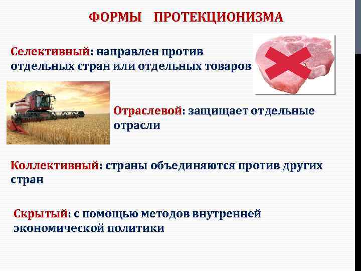 ФОРМЫ ПРОТЕКЦИОНИЗМА Селективный: направлен против отдельных стран или отдельных товаров Отраслевой: защищает отдельные отрасли