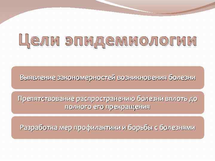 Цели эпидемиологии Выявление закономерностей возникновения болезни Препятствование распространению болезни вплоть до полного его прекращения