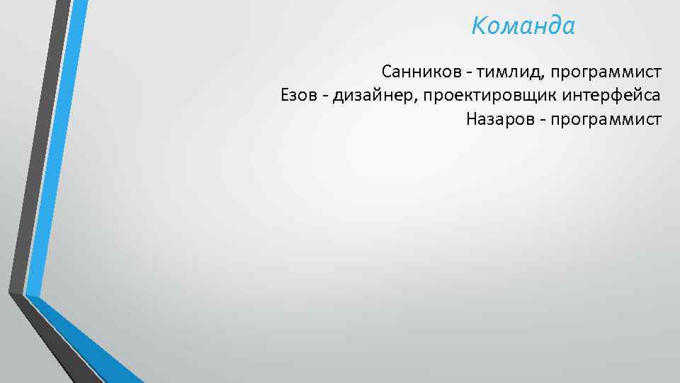  Команда Санников - тимлид, программист Езов - дизайнер, проектировщик интерфейса Назаров - программист
