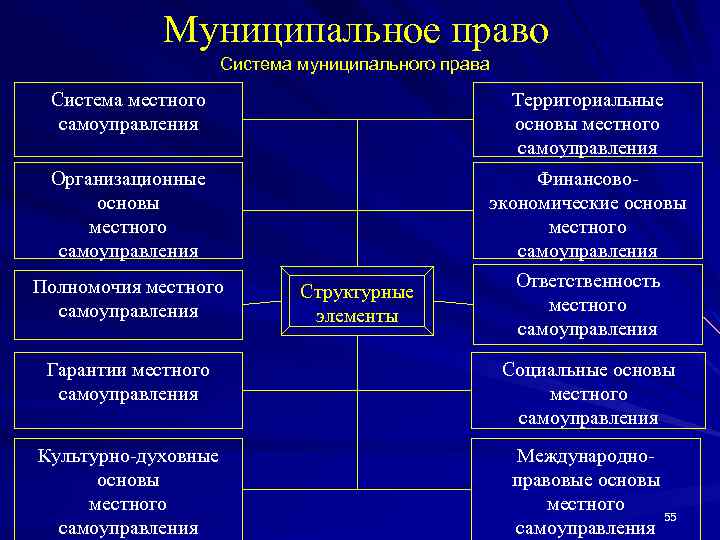 Муниципальное право Система муниципального права Система местного самоуправления Территориальные основы местного самоуправления Организационные основы