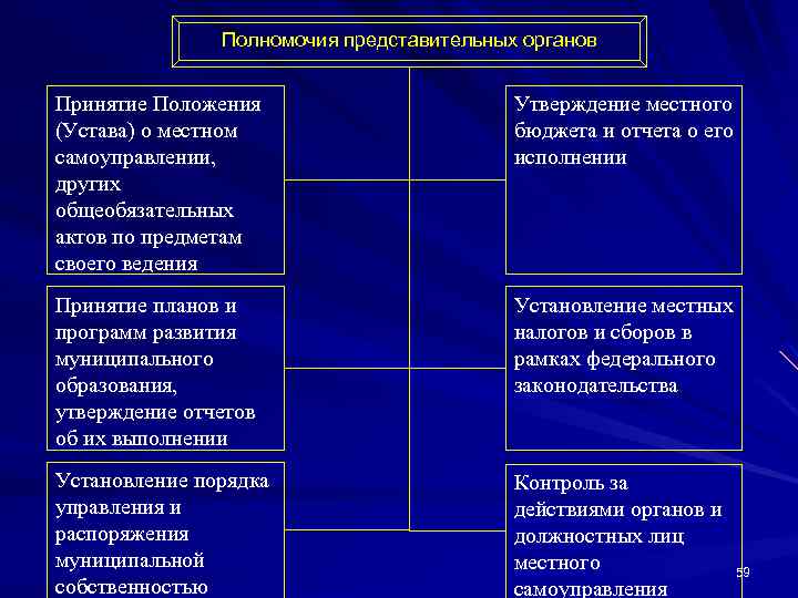 Полномочия представительных органов Принятие Положения (Устава) о местном самоуправлении, других общеобязательных актов по предметам