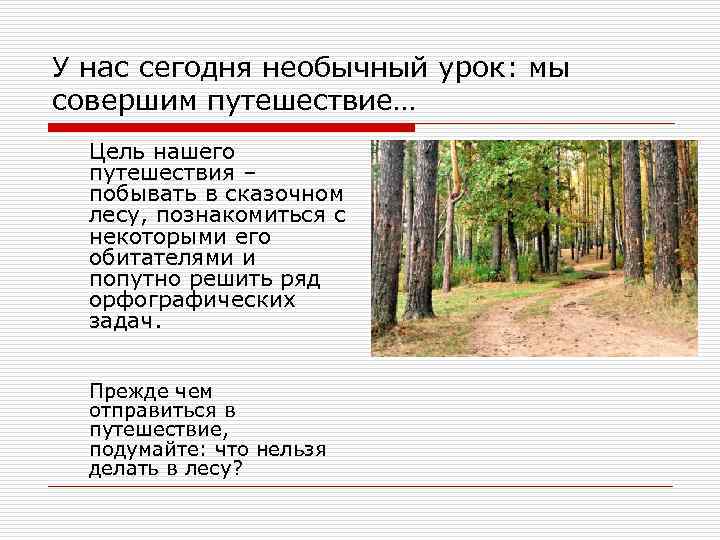 У нас сегодня необычный урок: мы совершим путешествие… Цель нашего путешествия – побывать в