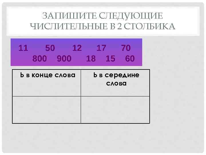 ЗАПИШИТЕ СЛЕДУЮЩИЕ ЧИСЛИТЕЛЬНЫЕ В 2 СТОЛБИКА Ь в конце слова Ь в середине слова